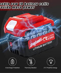 Lithium battery with double row 10 cells, overcharge and thermal protection, provides 21V power, red and black color.