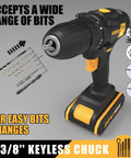 20V Cordless Drill Kit With 2 Batteries And Charger For DIY Home Improvement, Three Eighth Inch Chuck, drill shown with bits