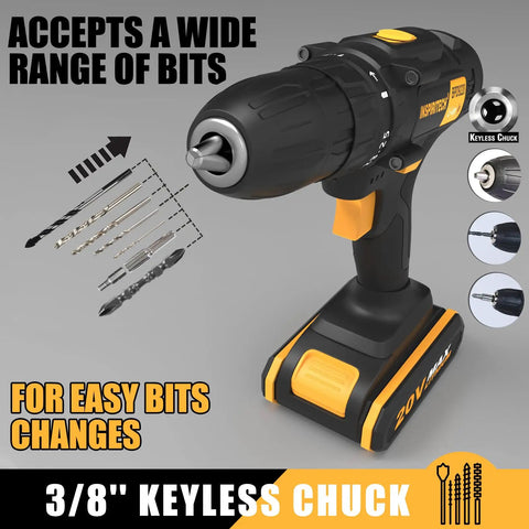 20V Cordless Drill Kit With 2 Batteries And Charger For DIY Home Improvement, Three Eighth Inch Chuck, drill shown with bits