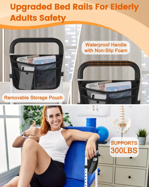 Heavy Duty Bed Assist Rail For Seniors Adjustable Side Rail with storage bag supports 300 lbs non slip matte grip detail