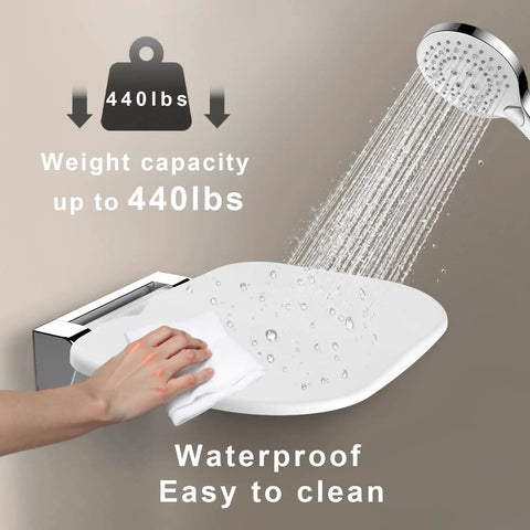 Fold Down Wall Mounted Shower Chair With 400 Lb Capacity being cleaned, water running on white waterproof seat