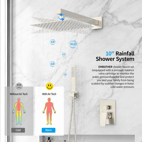 10 Inch Overhead Rain Shower System With Handheld Brushed Nickel Shower Faucet Set High Pressure Rainhead Anti-Scald Valve