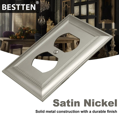 10 Pack Satin Nickel 1 Gang Zinc Alloy Duplex Wall Plate Grand Collection Metal Decorative Receptacle Outlet Cover Durable Solid Build Dope Upgrade For Your Home angled view in elegant setting