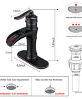 Oil Rubbed Bronze Waterfall Bathroom Faucet With Single Handle, 1 Or 3 Hole 4 Inch Install, Dope Farmhouse Vanity Tap with dimensions