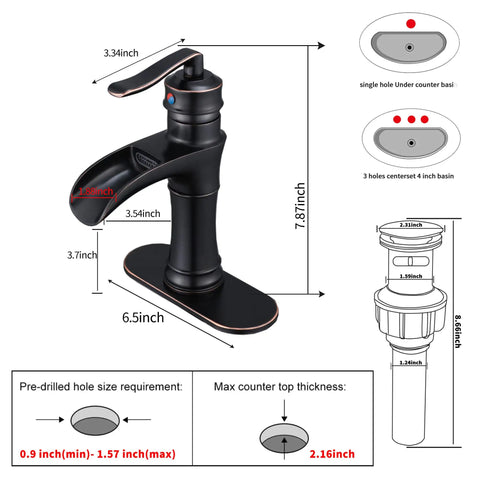 Oil Rubbed Bronze Waterfall Bathroom Faucet With Single Handle, 1 Or 3 Hole 4 Inch Install, Dope Farmhouse Vanity Tap with dimensions