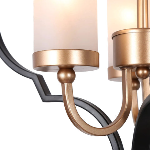 Close-up of Modern Orb Chandelier with 3 Lights in Black and Gold, frosted glass shades, showcasing sleek design details.