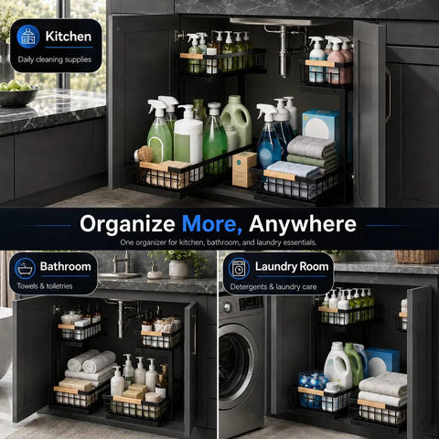 Top Tier Double Slide Out Under Sink Organizers Two Pack Black Steel Pull Out Shelves With Splash Resistant Mat in kitchen organizer.