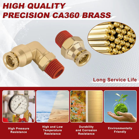 Three Eighths Push To Connect Pro Grade Brass Fittings Kit Straight And 90 Degree Elbow Combo DOT Approved brass fittings close-up