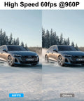 Comparison of car driving on snow at 60fps 960P versus lower frame rate image