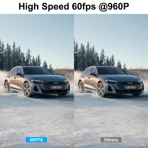 Comparison of car driving on snow at 60fps 960P versus lower frame rate image