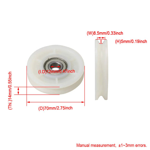 Creamy White Nylon Cable Pulley Wheel with Rock Solid Bearing Steel Core and Buttery Smooth V Groove Design for High Intensity Gym Grind Fits Treadmills and Weight Machines with Heavy Duty Load Capacity up to 155 Kilograms, showing dimensions and specifications.
