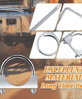 Collage showing 2.5 Inch Universal Exhaust Clamp With Hanger, Heavy Duty Muffler Hanger Kit for Cars and Trucks, galvanized steel