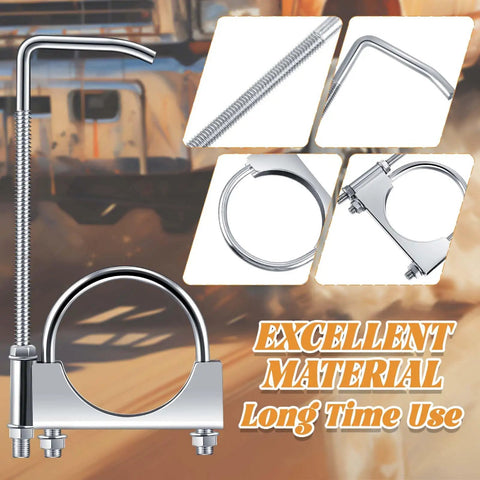 Collage showing 2.5 Inch Universal Exhaust Clamp With Hanger, Heavy Duty Muffler Hanger Kit for Cars and Trucks, galvanized steel