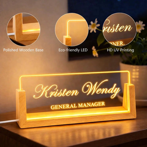 Custom Desk Name Plate With LED Wood Base, Light Up Acrylic Name Plate For Desk And Office Sign, Personalize With Name Or Title