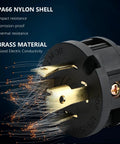 Close-up of Locking NEMA L14-30P Generator Plug with brass prongs and PA66 nylon shell, 30A 125/250V, UL listed for outdoor use.