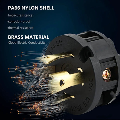 Close-up of Locking NEMA L14-30P Generator Plug with brass prongs and PA66 nylon shell, 30A 125/250V, UL listed for outdoor use.