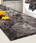 Glossy brown black marble vinyl kitchen countertop with peel and stick self adhesive paper, showing roll detail. Marble Peel And Stick Countertop Paper Waterproof Self Adhesive Kitchen Countertop Cover 30 By 200 Inches Glossy Brown Black Marble Vinyl Wallpaper For Quick Home Makeovers