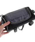Ultimate Oxford Waterproof Bike Front Handlebar Bag For Cycling Adventures, 900D Cloth Organizer With Easy Mounting, Perfect Storage Solution For Mountain Biking And E-Bike Rides On Any Road Trip front view, black Oxford fabric