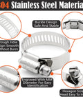 Close-up of stainless steel worm gear clamp showing buckle design with size engraving from All Purpose 185 Piece Stainless Steel Hose Clamps Kit With 8 Sizes Heavy Duty Adjustable Worm Gear Clamps From One Quarter Inch To Two Inches For Fuel Lines Pipes Automotive Radiator Plumbing And Garden.