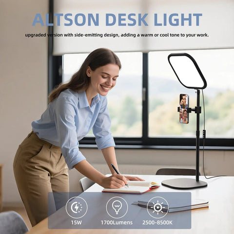 Woman using 10 Inch Ring Light For Computer And Video Calls With Stand And Phone Holder on desk