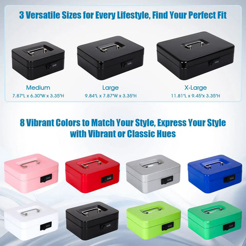 Various sizes and colors of Cash Box With 3 Digit Combination Lock Metal Money Safe Box With Tray displayed on white background.