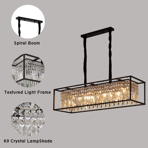 5 Light Rectangular Modern Crystal Chandelier Hanging Fixture with K9 crystals, geometric frame, and textured light for dining room.