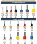 Chart showing dual and single barrel terminals for Ferrule Crimping Tool Kit For Wire And Terminal Ferrules, various colors and sizes.