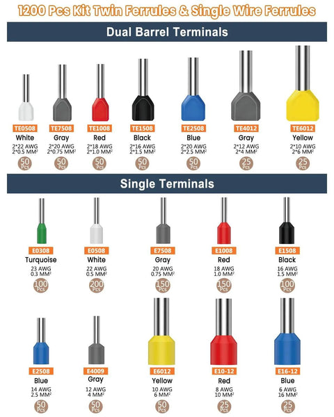 Chart showing dual and single barrel terminals for Ferrule Crimping Tool Kit For Wire And Terminal Ferrules, various colors and sizes.