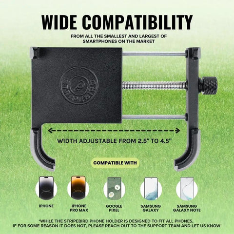 Magnetic Golf Cart Phone Holder With US Patented Dual Neodymium N52 Magnets Keeps Your iPhone And Samsung Secure On Rough Rides Ultra Slim Mount Fits Any Phone Case No Tools Or Screws The Ultimate Golf Caddy Accessory For Men And Women shown with adjustable clamp width from 2.5 to 4.5 inches