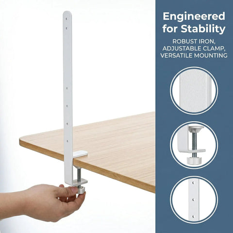 Side view of Two Piece White Adjustable Tablet Stand With Height Adjustable Iron Desk Brackets, showing clamp on wooden desk.