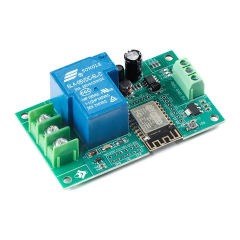 One Channel ESP8266 WiFi Relay Board With ESP 12F 30A Relay And Optocoupler Isolation For Smart Home Wireless Control Development Module Perfect For Remote Automation Powered By DC 7 To 28 V Or 5 V Supply, ESP-12F board