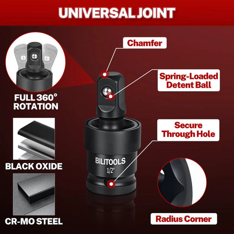 Universal joint from 17 Piece Socket Adapter Set With Reducers And Universal Joint, labeled with features and materials
