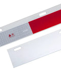 Slick Chrome Straight Spring Loaded Mud Flap Hanger With Two Point Five Bolt Spacing And Thirty Inch Length Featuring Thirteen Inch Extended Heavy Coil Spring For Super Smooth Big Rig Hauling Plus Two Bright Safety Reflex Plates reflective safety plate with grid pattern and red section.