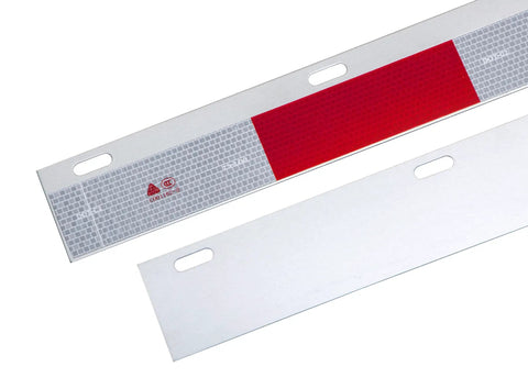 Slick Chrome Straight Spring Loaded Mud Flap Hanger With Two Point Five Bolt Spacing And Thirty Inch Length Featuring Thirteen Inch Extended Heavy Coil Spring For Super Smooth Big Rig Hauling Plus Two Bright Safety Reflex Plates reflective safety plate with grid pattern and red section.