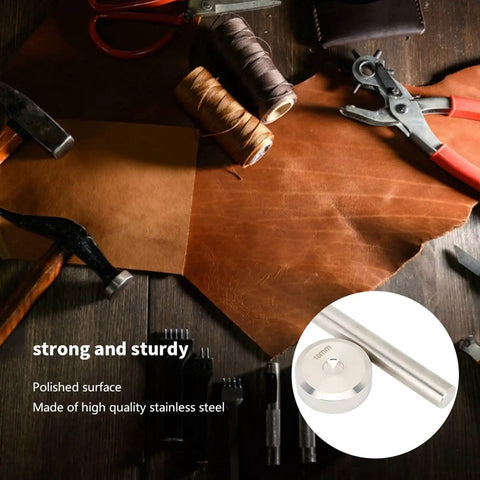 Omquot Heavy Duty Rivet Punch Set With Comfort Grip Handle For Leather Crafts And DIY Projects, Stainless Steel Installation Base Kit To Drill Holes In Thick Materials Perfect For Pros And Hobbyists A Total Game Changer. Leather punch set with stainless steel base and 10mm die on leather craft workspace