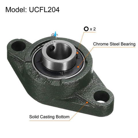2 Pack UCFL204 Pillow Block Bearings 20mm Bore Self Aligning With Solid Cast Iron Housing and Chrome Steel Bearings