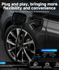 Heavy Duty Level 2 Ev Charger Brings Kickass Charging Juice With 40 Amp Output And Nine Point Six Kilowatt Power For 240 Volt Circuits Featuring SAE J1772 Plug close-up on vehicle charging port with EV charger cable connected.