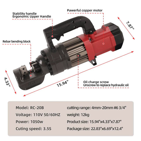 1050W Electric Rebar Cutter With 110V Hydraulic Pump Cuts Up To 3/4 Inch #6 Steel Rod In Just 3.5 Seconds detailed view showing powerful motor and ergonomics.