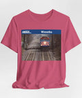 Fresh Heather Blend T Shirt Celebrating Winnetka Up N Metra Union Pacific North Train Station displayed on a pink shirt.