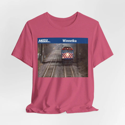 Fresh Heather Blend T Shirt Celebrating Winnetka Up N Metra Union Pacific North Train Station displayed on a pink shirt.