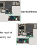 Comparison of mobile circuit board repair before and after using No Trace 208 Soldering Lugs Kit for PCB spot welding.