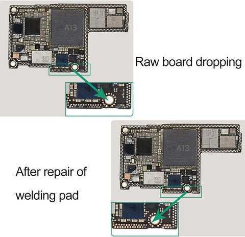 Comparison of mobile circuit board repair before and after using No Trace 208 Soldering Lugs Kit for PCB spot welding.