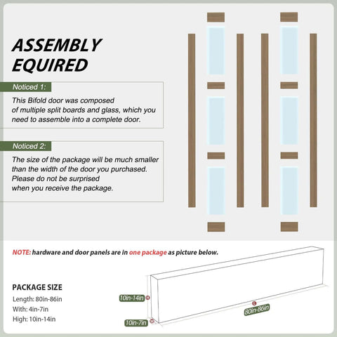 Assembly diagram for Double 15x84 Frosted Glass Barn Door Set In Brown Finish Sliding Bifold Closet Doors With Hardware Kit
