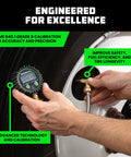Rhino USA digital tire pressure gauge with glow dial and braided hose, used on car tire valve (front view).