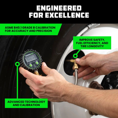 Rhino USA digital tire pressure gauge with glow dial and braided hose, used on car tire valve (front view).
