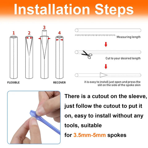 Installation steps for 180 Pcs Spoke Skins And Covers In 10 Dope Color Mix, showing sleeve cutting and application.