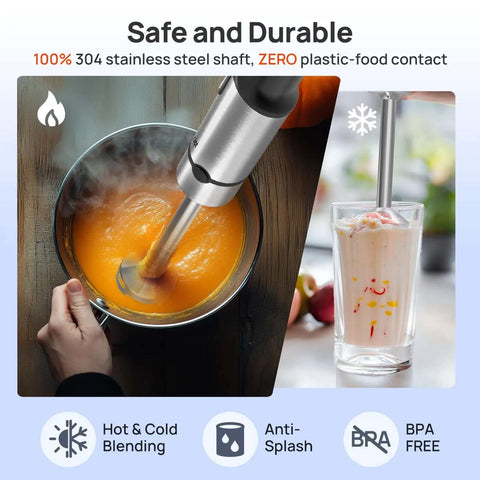 Handheld Immersion Blender With Robust 1100 Watt Motor And 21 Speed Settings Plus Turbo Mode Crushes Soups And Smoothies While Being The Real Deal Kitchen Workhorse That Delivers Results blending soup and milkshake in a bowl and glass, stainless steel design.