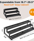 Score Top Shelf Storage With This Slick Adjustable 3 Tier Metal Spice Rack Organizer For Cabinets Counters Slip Resistant Expandable Shelf Fits Jars And Bottles In Black, showing size details and adjustable features.