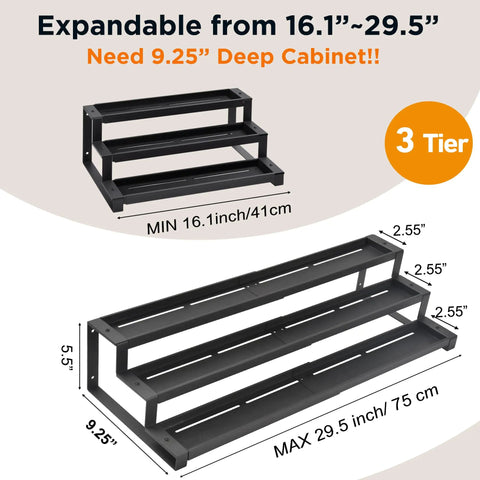 Score Top Shelf Storage With This Slick Adjustable 3 Tier Metal Spice Rack Organizer For Cabinets Counters Slip Resistant Expandable Shelf Fits Jars And Bottles In Black, showing size details and adjustable features.