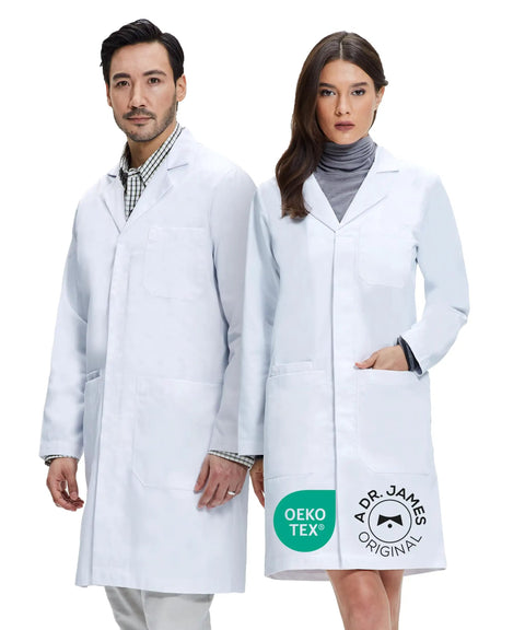 Premium Unisex Lab Coat With Phone And Tablet Pockets 39 Inch Classic Fit Snap Closure 100 Percent Cotton Comfort For Men And Women
